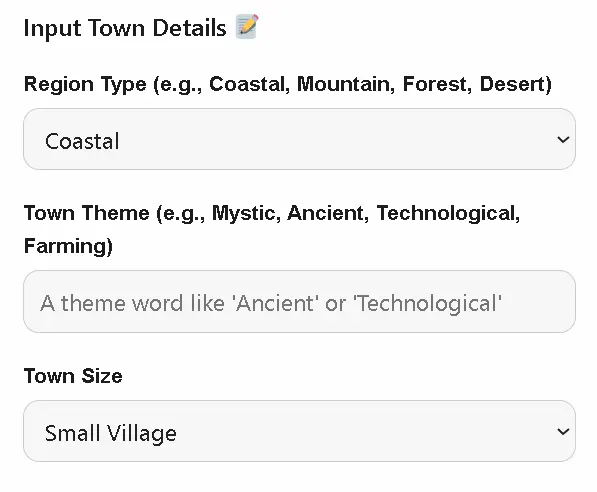 Input options in the pokemon town names generator online tool